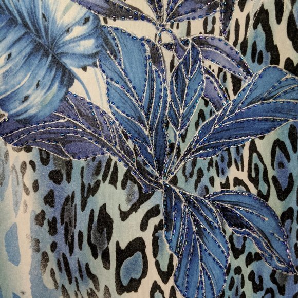 CACHE blue leopard 3/4 sleeve sequined sweater M - Picture 2 of 6